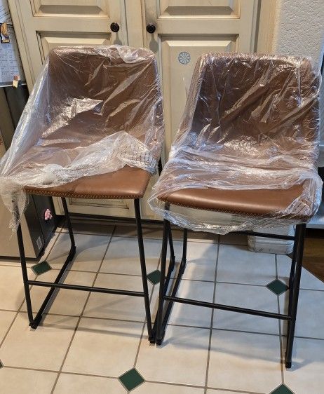 2 Of 26 Inch Faux Leather Counter Height Bar Stools with Back and Metal Leg, Brown
