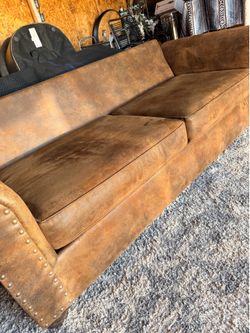 Rustic Suede Sofa with Nailhead Trim