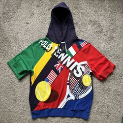 POLO RALPH LAUREN TENNIS BALL RACKET RACQUET FLAGS MENS HOODIE SIZE LARGE BLUE RED WHITE GREEN YELLOW NEW