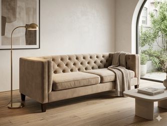 ✨ STUNNING Taupe Velvet Chesterfield / Tuxedo Sofa
