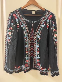 Anthropologie One September Wesley Top XL Black Embroidered Pullover Long Sleeve