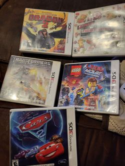 5 complete Nintendo 3ds Games
cars 2, 
Dragon 2
Lego movie
Transformers 
Nes remix
