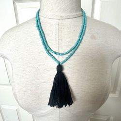Turquoise Tone Beaded Tassel Necklace 