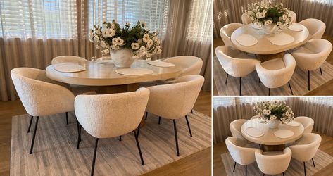 Modern Convertible Oval-to-Round Dining Table with 6 Cream Bouclé Chairs