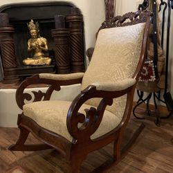 Antique Upholstered Carved Mahogany Lincoln Rocking Chair Outstanding Condition 