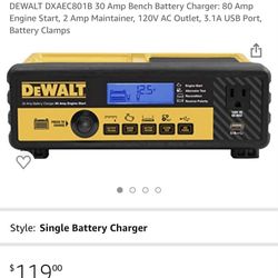 EWALT DXAEC801B 30 Amp Bench Battery Charger: 80 Amp Engine Start, 2 Amp Maintainer, 120V AC Outlet, 3.1A USB Port, Battery Clamps