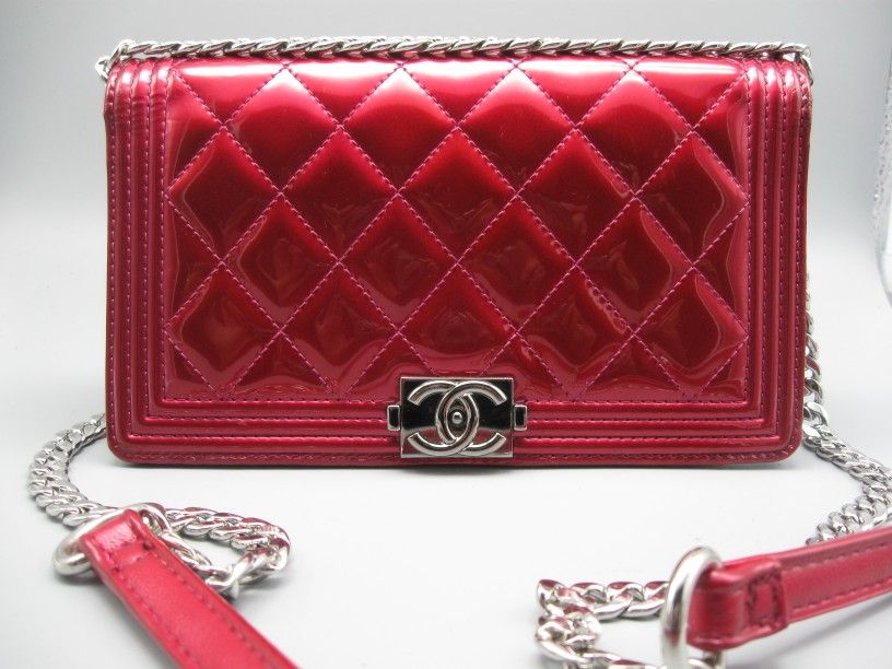 Authentic Chanel Magenta Patent Leather CC Long Boy Bag Wallet