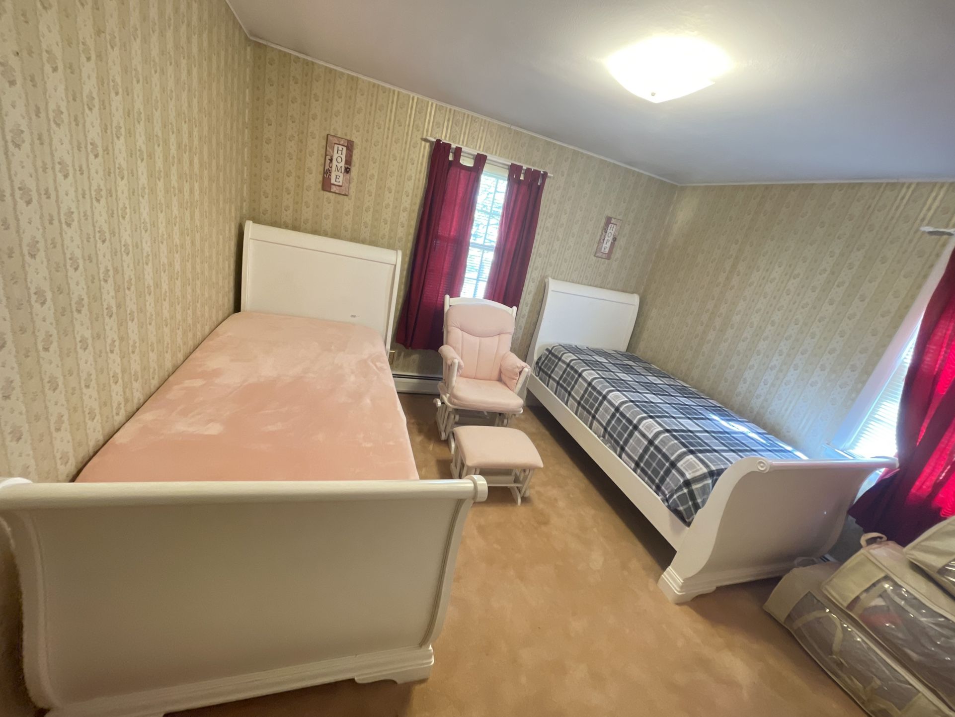 2 White Wooden Twin beds W Brand New Mattress & Box Spring And Rocking Chair