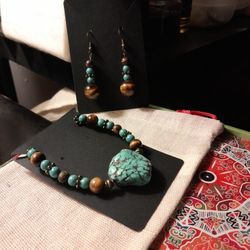 Turquoise And Tigers Eye Bracelet And Earrings Set