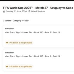 FIFA 2026 Uruguay Vs Cabo Verde June21 Miami Match 37 2 Tickets 