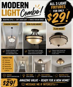 Modern 2-Piece Lighting Combo – ONLY $29
Beautiful matching set of 2 light fixtures featuring a dark bronze/black metal finish with warm frosted glass