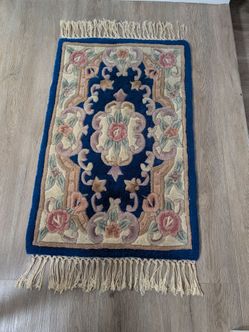 Vintage Handmade Chinese Small Wool Rug 23"x 35" with Fringes Royal Blue