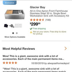 Brand new in box glacier Bay 30 inch anchor front farmhouse single bowl sink stainless steel 30 inches workstation with accessories 