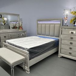 AP🎉 Gray LED Upholstered Panel Bedroom Set- 4-Piece (Bed, Dresser, Mirror, Nightstand) Financing & Delivery 