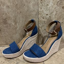Copper Key, ankle strap platform wedge Blue/Blue Jean Size 8