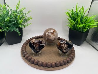 Natural black flower, agate carving bundle. sphere 295 g 60 mm, heart 63 g 1.7 inches and heart 56 g 1.7 inches.