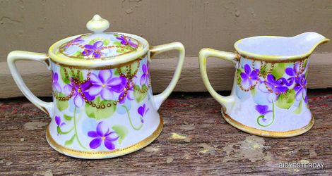 Antique nippon Japanese porcelain creamer & sugar purple violets MADE IN JAPAN