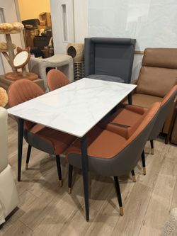 5Pcs,Sintera Sintered Stone Dining Table and 4 Dining Chairs Luxurious Upholstered Dining Room Kitchen Chairs