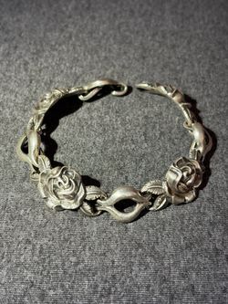 50.5g Vintage 835 Sterling Silver Rose Links Hook Clasp Bracelet 7”
