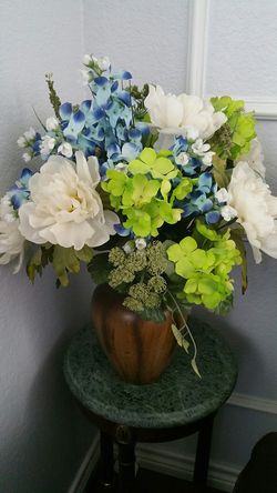 Fake flowers with wood vase, sealed in one, totally 20" high