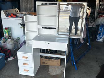 White Vanity Desk with LED Mirror and Drawers