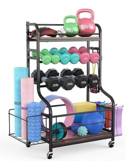 Home Gym Storage Rack, Athletic Dumbbell Rack, Training Equipment Storage Cart with Hooks and Wheels, Gym Organizer for Yoga Brick, Mat, Block, Roller