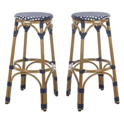 Safavieh 20" Wicker Bar Stool in Navy and White - Set of 2