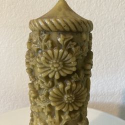 12” Tall Candle Olive Green Flowers Beeswax 