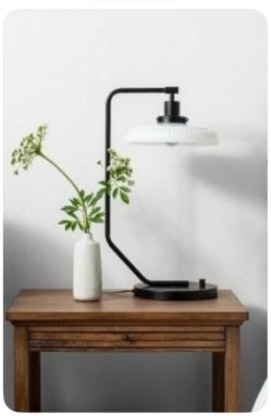 New 22” Black Metal with Ribbed Glass Shade Table Lamp-Hearth and Hand