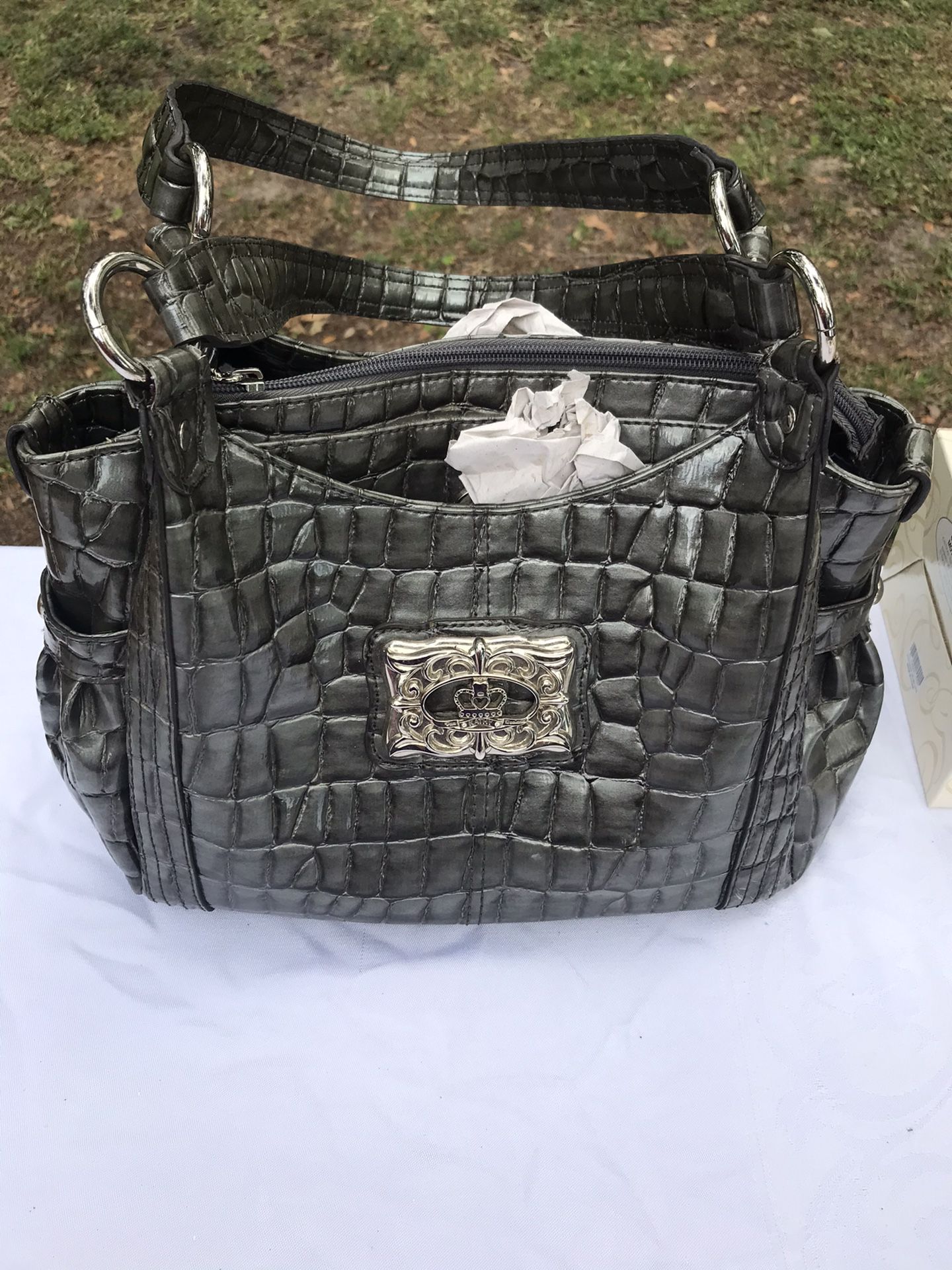NEW-Gray Purse With Silver Accents From Stein Mart, Never Used