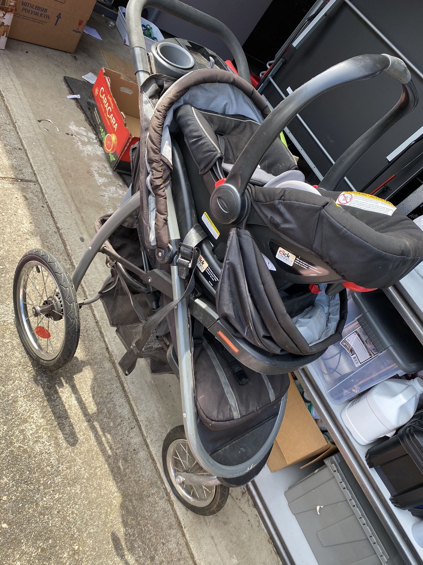 Graco car seat, base, running stroller