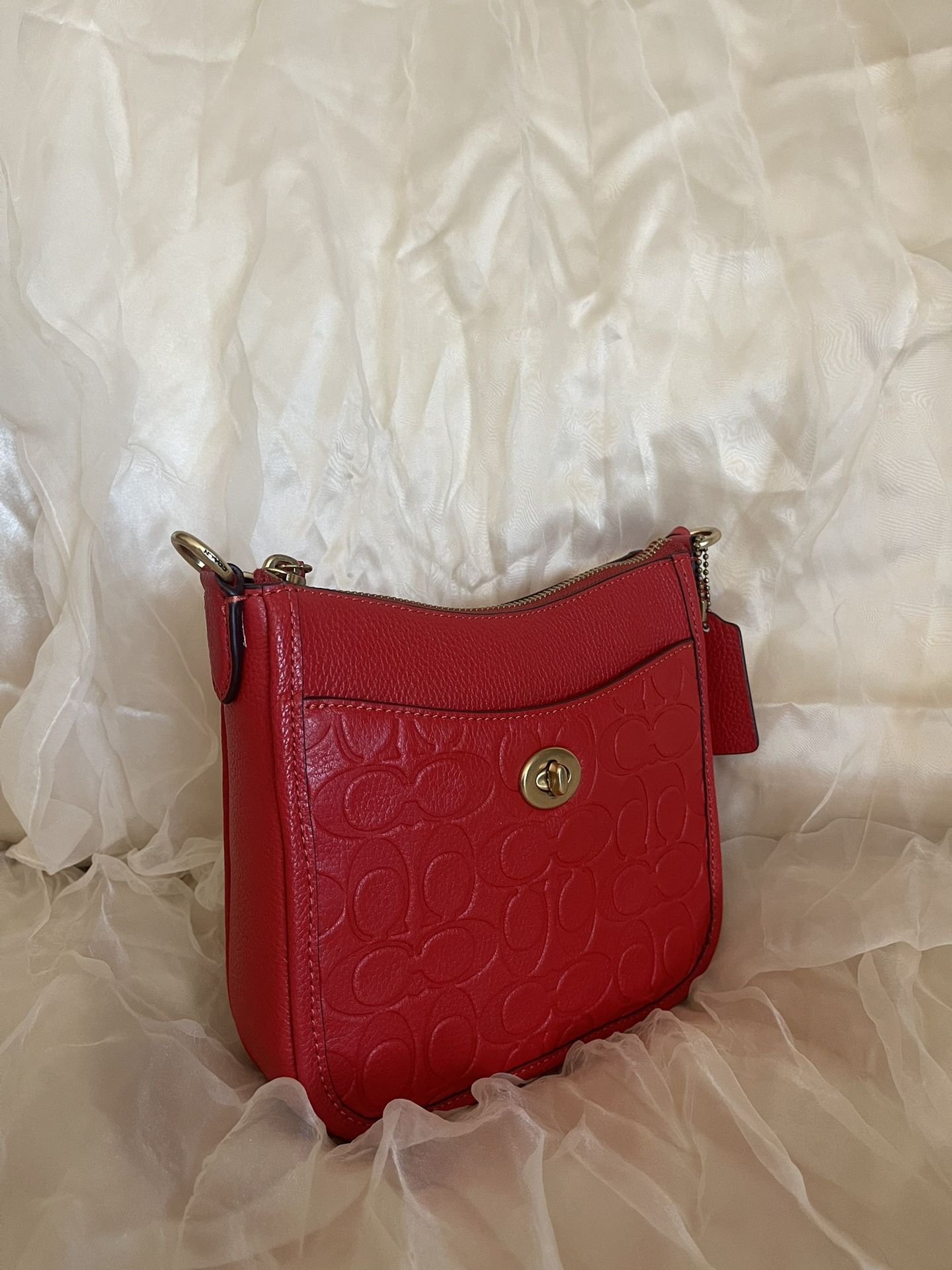Coach Embossed Signature Leather Chaise Crossbody (Red)