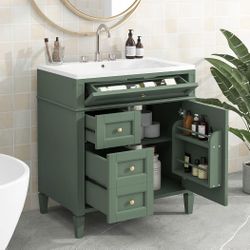 30” Green Bathroom Vanity w/ Drawers / Storage & Ceramic Sink [NEW IN BOX] **Retails for $527 ^Assembly Required^ 