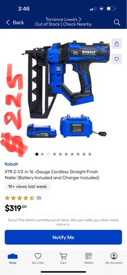 Kobalt XTR 2-1/2-in 16-Gauge Cordless Straight Finish Nailer (Battery Included and Charger Included)