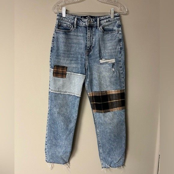 Hollister High Rise Mom Jeans With Plaid Patches