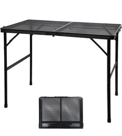 Folding Camping Grill Table, Outdoor Metal Table. Foldable, Portable Lightweight, Height Adjustable Camp Table with Mesh Desktop for Grilling, Cooking