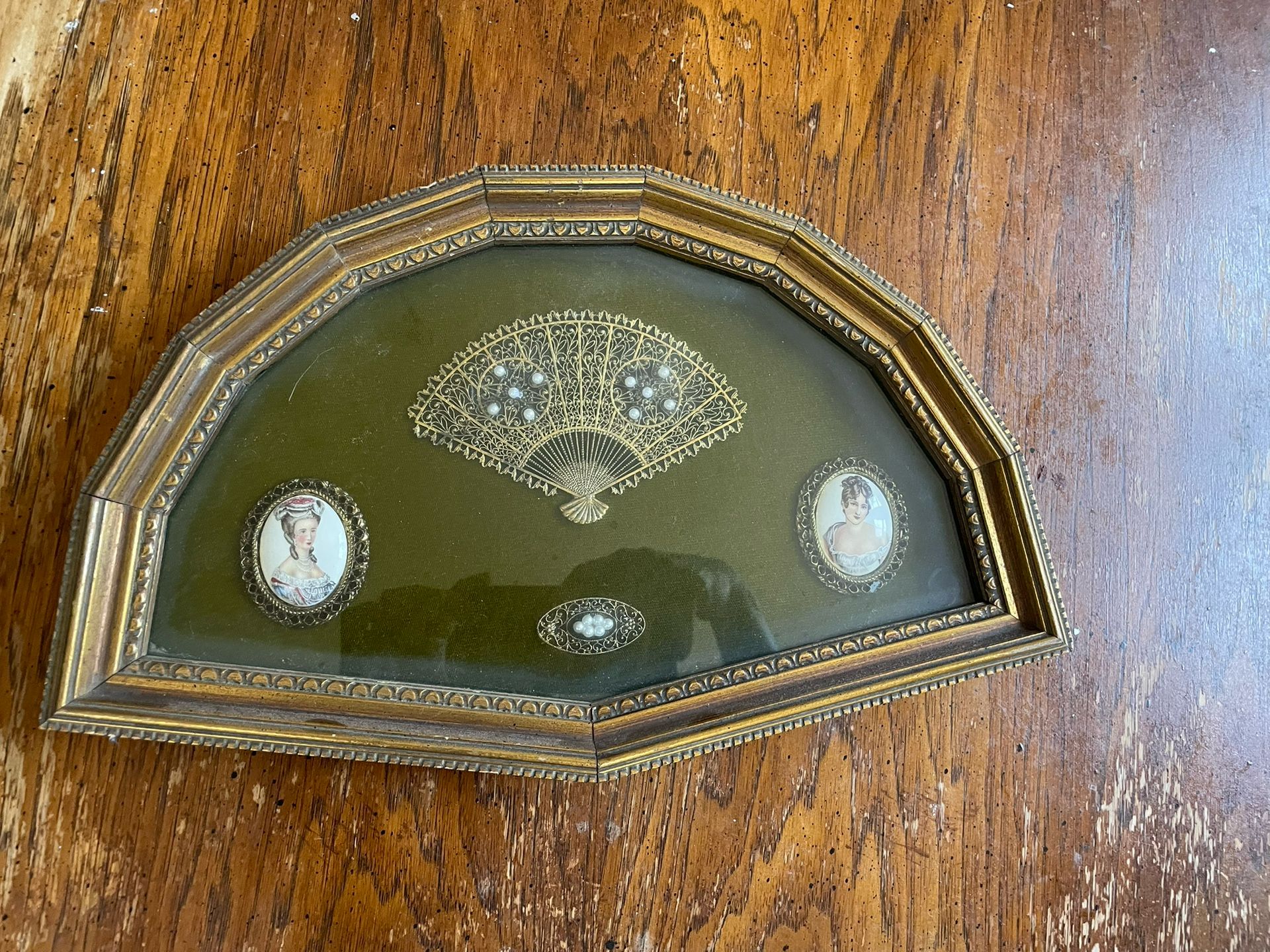 Vintage Victorian Porcelain Cameo and Fan Shadow Box Wall Display