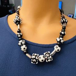 Vintage Handmade Black & White Polka Dot Glass Bead Necklace 21” Long w Metal Accents. 