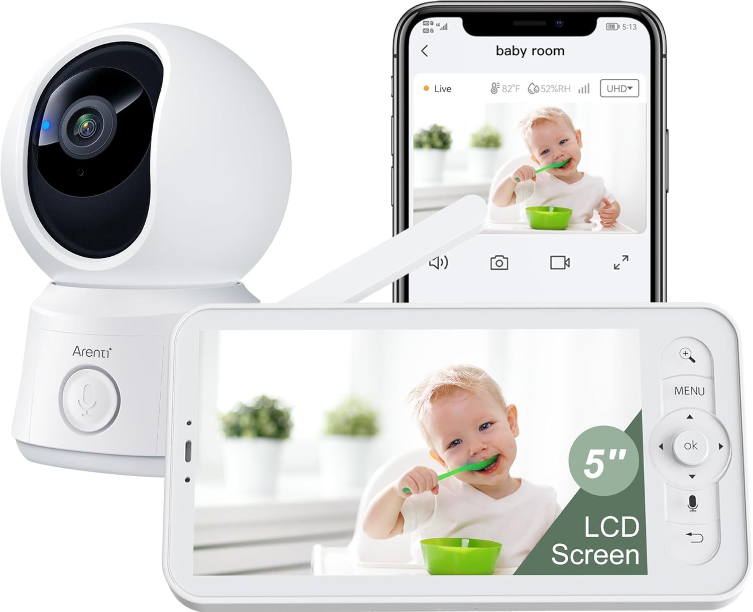 ARENTI Smart Baby Monitor with Camera and Audio, 1080P PTZ Camera- 5-inch Screen