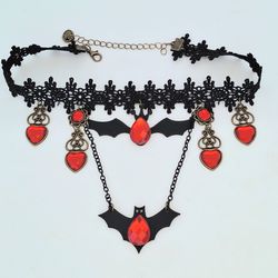 Black lace choker with bats, red crystals & bronze scroll drops w/BONUS