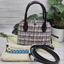 Tory Burch Emerson Tweed Dome Satchel Crossbody with dust bag retail $428 nwt brown leather handles and strap purple white pink black brown tweed Zipp