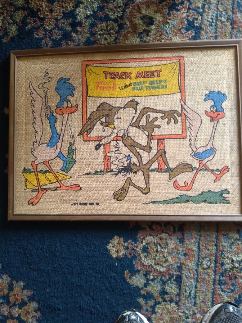 Collectable 1970 BORG WARNER Needle Point On Burlap Wile Coyote Versus Beep Beep ROAD RUNNER