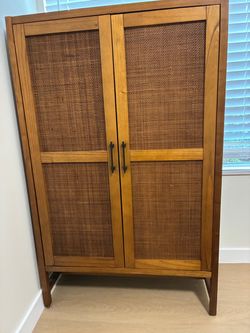Library Cabinet  Rattan-Panel Doors, Wood Veneer, 52" Height