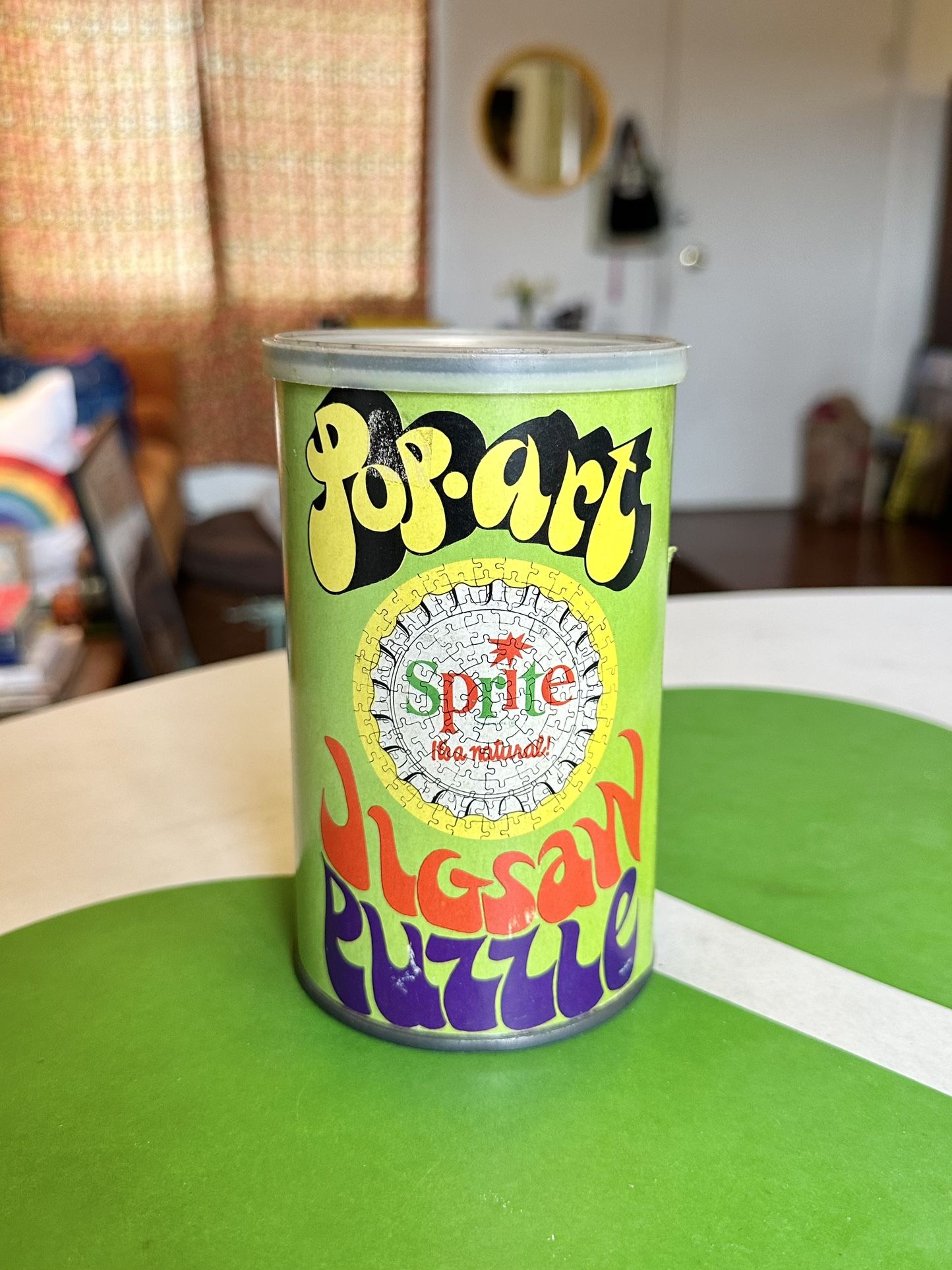 Vintage 1968 Pop Art Sprite Jigsaw Puzzle in Tin, MCM Novelty Green Colorful Gift 70s Kitchy Mod Retro