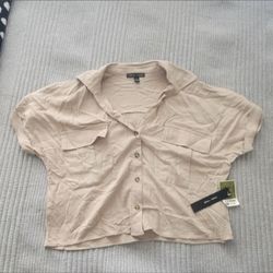 Moa Moa Light Beige Button-Front Short Sleeve Top