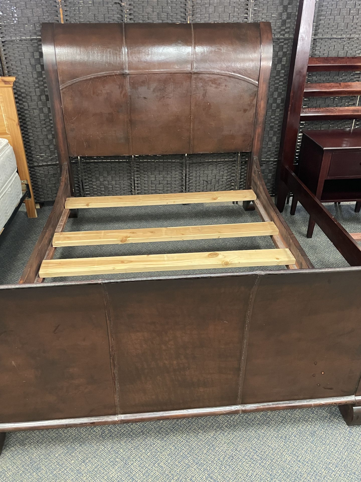 Queen Bed frame, Real Leather And Wood, Very Unique, Click On My Name To See Other Offers.