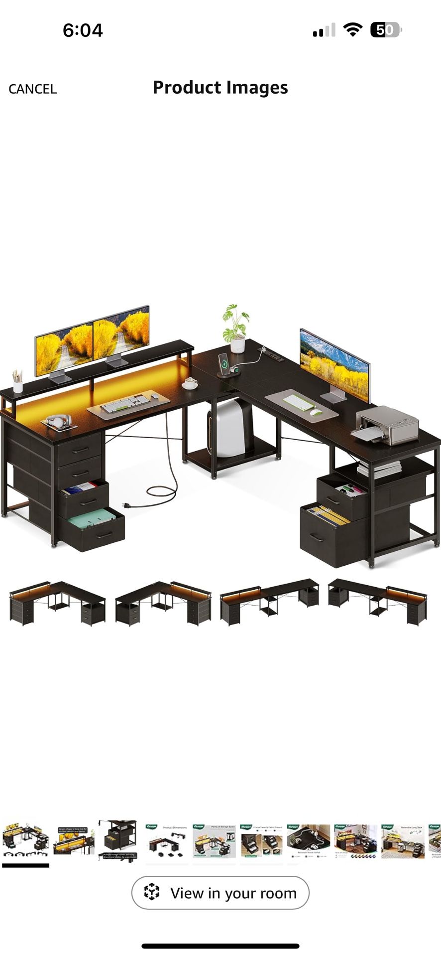 AODK 66" L Shaped Computer Desk, 113“ Reversible Home Office Desk with File Cabinet & 4 Fabric Drawers, Two Person Desk with LED Lights & Power Outlet