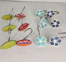 Tropical Surfboard Hibiscus Flower Shower Curtain Hooks Set of 12 Beach Decor