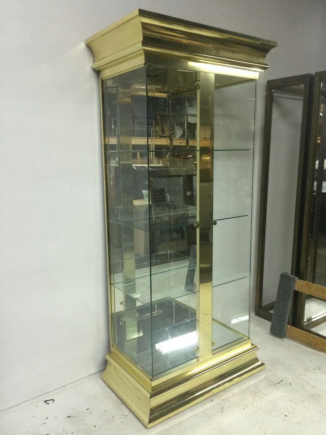 Grand Mastercraft Designed Three Part Brass & Glass Vitrines or Curio  Cabinets