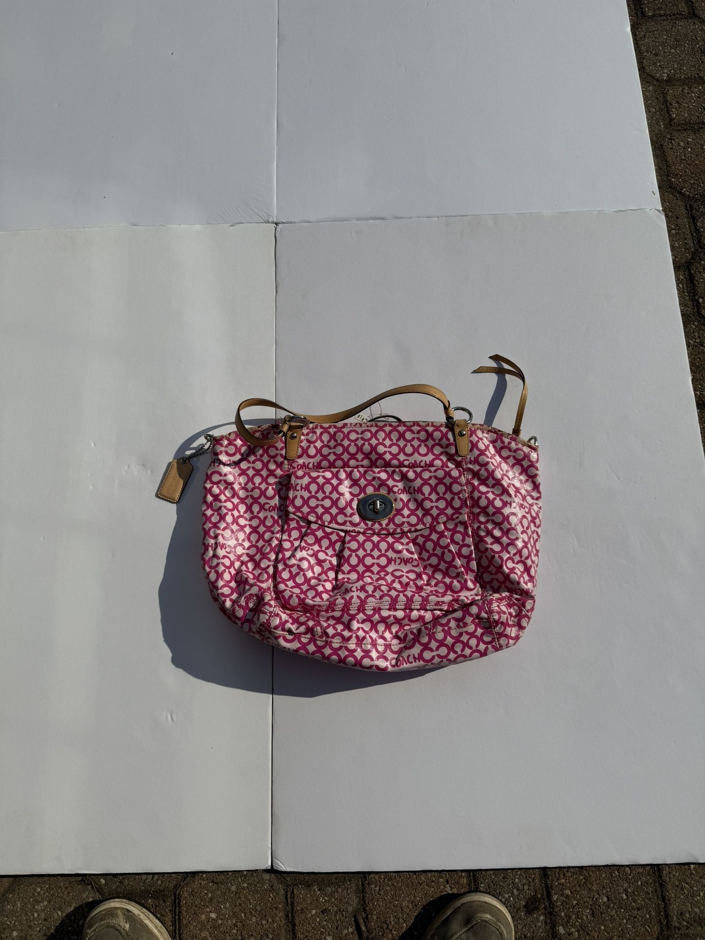FLAWS Coach Leah Coated Pink Op Art Tote Shoulder Bag Crossbody Strap